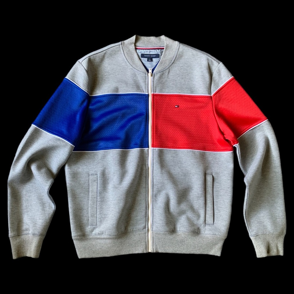 Tommy Hilfiger Men’s Grey Zip-Up Sweater with Blue & Red Panels